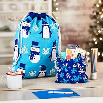 Blue Drawstring Gift Bag For Christmas